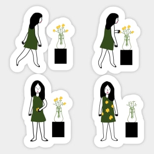 Girl Picking Spring Daisy Flowers Funny Comic Illustration Sticker